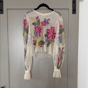 Anthropologie Sheer Floral Blouse with Pink and Green Embroidery